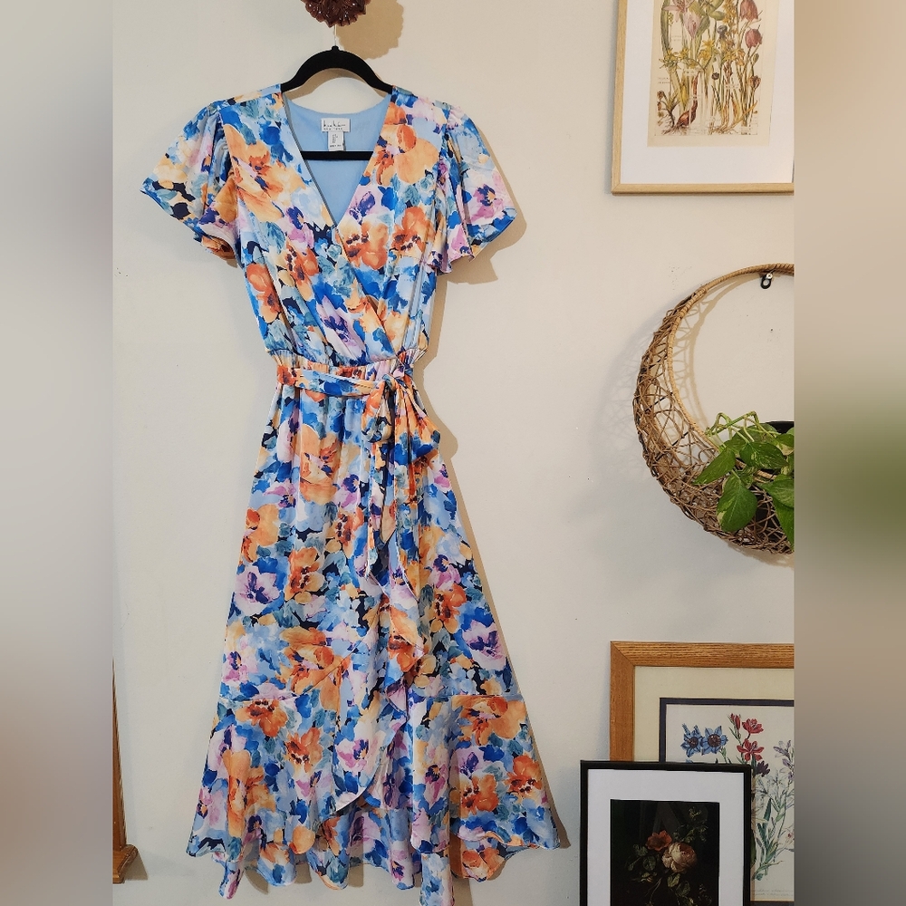 Nicole Miller NY S Floral Print V-Neck Faux Wrap Maxi Dress - Picture 1 of 5